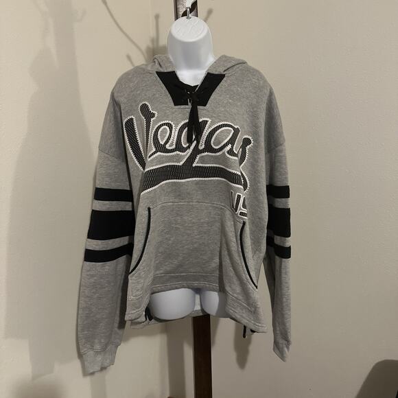 DC Classic XL Gray Vegas Hoodie with Lace-Up Neck and Striped Sleeves - Picture 1 of 7